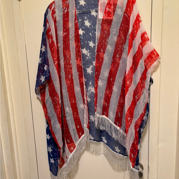 Kimono Red White and Blue American Flag Scarf with 3" White Hemline Fringe - Picture 8 of 8